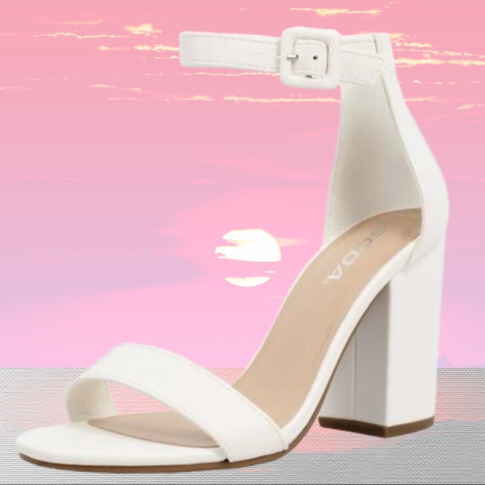 Iris White PU Ankle Buckle Open Chunky Sandal Heel